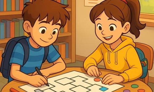 Ci sono due bambini: Leo, 10 anni, capelli castani corti spettinati, maglietta blu a righe e jeans, seduto a sinistra mentre traccia con righello e pennarello cornici geometriche nette; Sara, 10 anni, capelli castani raccolti in coda, felpa gialla, seduta a destra sorridente, applica gommette e tende un elastico rosso verso la grande “mappa dei modi di apprendere”. Luogo: biblioteca scolastica luminosa con scaffali in legno chiaro pieni di libri, grande finestra e tavolo rotondo di legno coperto di fogli bianchi, pennarelli colorati, gommette, elastici, righello e alcuni libri impilati. Atmosfera collaborativa: volti concentrati ma felici, gesti chiari, materiali grafici visibili.