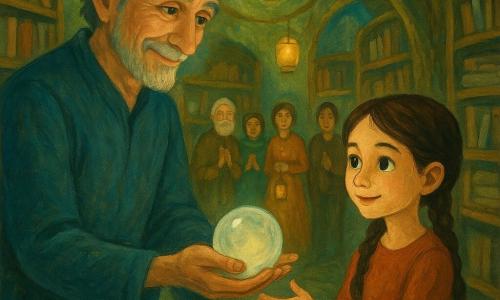 A middle-aged man, Elias, with a kindly wrinkled face and streaked gray hair gently offers a clear crystal sphere to a nine-year-old girl, Mara, with braided brown hair and curious eyes; she receives it with both hands while a small group of colorful villagers stand behind holding paper lanterns, all within a magical archive beneath a large willow—curved wooden shelves of scrolls and sewn books, paper hangings, mossy stone floor and soft pale-green filtered light—capturing a solemn, warm transfer of the truth crystal in a gouache palette of amber, moss green and blue-gray, with visible brush textures and slightly blurred edges for a fairytale feel.