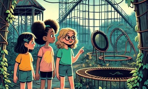 Tres niñas de siete años están en el centro de un parque de atracciones abandonado, rodeadas de estructuras oxidadas y plantas trepadoras. Clara, con cabello castaño y gafas redondas, lleva una camiseta amarilla brillante y un short de mezclilla, observa con curiosidad una vieja montaña rusa. A su derecha, Marta, una niña de cabello rubio y rizado, vestida con un vestido rosa, señala una trampilla oculta bajo las hojas. A la izquierda, Sofía, con cabello negro trenzado y una camiseta azul, se queda un poco atrás, dudosa pero fascinada por la aventura. El parque tiene una atmósfera misteriosa, con sombras alargadas proyectadas por el crepúsculo. Las atracciones, cubiertas de hiedra, parecen susurrar secretos olvidados, mientras una suave brisa hace temblar las hojas de los árboles. A lo lejos, una luz centelleante llama la atención de las niñas, proveniente de una antigua puerta de madera, adornada con símbolos extraños. Las tres amigas, unidas por su valentía, descubren una trampilla que las lleva a un túnel oscuro, donde están a punto de sumergirse en un mundo misterioso lleno de magia y aventuras, desafiando sus miedos juntas.