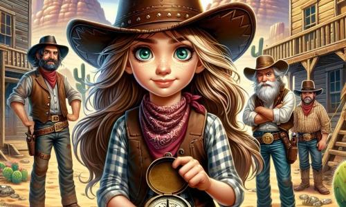 En primer plano, una joven vaquera llamada Luna, de unos 11 años, se sostiene orgullosamente sobre su caballo, Estrella. Tiene largos cabellos castaños claros que flotan al viento y ojos verdes que brillan con determinación. Lleva un sombrero de vaquero de cuero, una camisa de cuadros y unos jeans desgastados, mientras sostiene una vieja brújula de bronce, símbolo de su aventura. A su lado, un grupo de tres mineros, todos hombres de mediana edad, están listos para ayudarla. Uno de ellos, un hombre de rostro curtido con barba canosa, observa atentamente los alrededores. Otro, más joven, con un pañuelo rojo alrededor del cuello, parece impaciente y listo para actuar, mientras que el tercero, un hombre corpulento con un sombrero de paja, sonríe con aliento. La escena se desarrolla en un viejo pueblo minero abandonado, rodeado de majestuosas montañas y cactus, bajo un cielo azul brillante. Los edificios de madera están en ruinas, cubiertos de polvo y hiedra, creando una atmósfera a la vez misteriosa y aventurera. Luna y los mineros se preparan para enfrentar a un grupo de forajidos amenazantes que se acercan, decididos a defender su territorio y proteger el tesoro escondido. La emoción y la tensión son palpables, mientras el viento sopla suavemente, trayendo consigo el olor de la aventura.