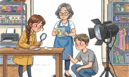 Fată de 12 ani, concentrată și curioasă, cu ochi mari și păr șaten împletit, în palton galben muștar și ghete, ține un carnet spiralat și o lupă și examinează colțul rupt al unui bilețel galben pe o masă de lemn; băiat de 16 ani, timid, în tricou gri cu urme de sclipici, ghemuit lângă un proiector, arătând cu degetul o urmă argintie pe podea care duce spre dulapul cu recuzită; femeie de circa 45 de ani, fotograf, cu păr scurt grizonant, ochelari rotunzi și șorț bleu, stă în spatele mesei cu mâinile încrucișate peste o folie transparentă ce conține bilețelul reparat; studioul foto de cartier are fundal alb înfășurat, lămpi negre cu reflectoare argintii, rafturi metalice pline de pălării colorate și sclipici, imprimantă și teancuri de fotografii pe o masă laterală și podea din parchet uzat; atmosferă liniștită și luminoasă de mică anchetă, cu texturi vizibile (hârtie mototolită, fulgi de sclipici, lemn zgâriat).