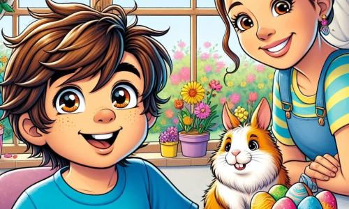 Um menino de 10 anos, Lucas, com cabelos castanhos bagunçados e olhos brilhantes de curiosidade, está em frente a uma janela, com o rosto iluminado por um grande sorriso. Ele usa uma camiseta azul vibrante com um desenho de coelho e um short amarelo. Ao lado dele, sua mãe, uma mulher de cerca de trinta anos com cabelos castanhos presos em um coque, está sentada à mesa, pintando ovos de Páscoa com cores vivas e brilhantes. Ela sorri ao olhar para Lucas, cheia de amor e alegria. No jardim, um travesso, um porquinho-da-índia com pelos sedosos e olhos travessos, salta entre as flores coloridas, adicionando um toque de magia à cena. O ambiente está repleto de decorações de Páscoa: guirlandas de papel pastel, coelhos de pelúcia e ovos decorados, criando uma atmosfera festiva e acolhedora. Lucas, intrigado por um barulho vindo do jardim, se prepara para se afastar da mesa para investigar, com o coração batendo de excitação e mistério.