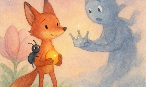 The main character is a small red fox (anthropomorphic) with long slightly clumsy legs, a determined look and shy smile, holding a small glowing yellow-orange sunstone against his chest; a polished black beetle perches on his shoulder, encouraging and curious with raised antennae; opposite them, the Wind-Shadow is a gray-blue vaporous silhouette with frayed edges, surprised and softening as it offers a sparkling silver crown; setting: Heart-Flower hill with crumpled green grass, a few gray stones and a large pale pink blossom glowing in the background, a twilight watercolor sky of pinks, lavender and gold with floating lanterns and early stars; the scene shows the fox receiving the returned crown from the Wind-Shadow, a warm, reconciliatory moment in a soft, child-friendly watercolor style with fine lines, pastel palette and visible paper texture.
