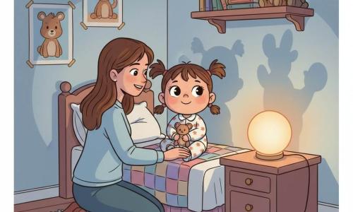 A 2-year-old girl with a round face and chestnut pigtails, big bright eyes, reassured and smiling, sits on her bed in star-patterned pajamas holding a small plush comforter; a woman (mother, ~30) with long loose hair and a gentle smile kneels by the bed and turns on a round nightlight on the bedside table, looking at the child tenderly. The small, cozy room has pale blue walls, friendly animal posters, a colorful duvet, a soft rug, a shelf with books and stuffed animals, and the warm orange glow of the nightlight casting soft shadows that turn scary shapes into playful forms. The composition centers on the bed and nightlight with a slightly elevated angle to show expressions and shadows; graphic style: saturated but gentle colors, clean 90s cartoon outlines, simple textures, and exaggerated friendly expressions.