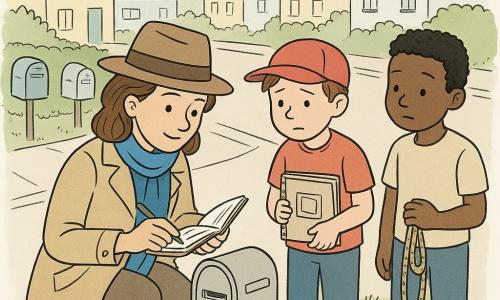 A female detective, Emma, wearing a bright blue scarf and holding a small open notebook, has a focused and kind expression. She is kneeling near a slightly moved mailbox. A boy around 10 years old, Sam, with a red cap and a contrite look, stands next to her, holding a photo album. Another boy, Leo, of the same age, stands a bit further back, holding a rope and looking at Emma with a mix of curiosity and regret. The scene takes place on a quiet street lined with pastel-colored houses and neatly trimmed hedges. Mailboxes are lined up along the sidewalk, some with small green chalk arrows drawn around them. It is a moment of discovery and resolution, where the characters work together to solve the mystery of the moved mailboxes.