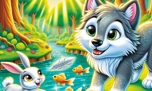 A young wolf named Willow, with shiny silver fur and sparkling star-like eyes, stands by a shimmering stream. He looks curious and joyful, his smile revealing sharp white teeth. Next to him, a small rabbit named Bella, with soft white fur, watches with twinkling eyes and perked-up ears. She stands on her hind legs, ready to leap, seemingly encouraging Willow. In the background, a lush forest stretches out, with majestic trees and vibrant green leaves, colorful flowers scattered on the ground, and sunlight filtering through the branches. Willow, with a determined look, reaches for a silver feather floating above the water, while golden-scaled fish swim happily in the stream.