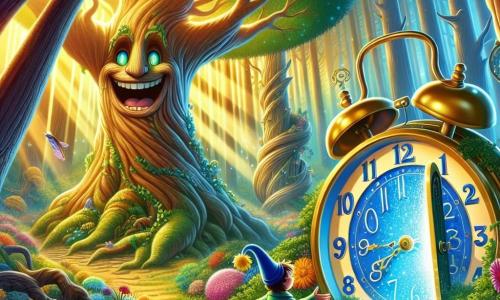 Tic, un orologio colorato con un quadrante blu e numeri brillanti, si trova al centro della scena, con gli occhi scintillanti di eccitazione. Le sue lancette dorate girano rapidamente, riflettendo il suo entusiasmo mentre scopre una misteriosa porta d'argento che si apre davanti a lui. Frondoso, un maestoso albero parlante con un tronco spesso e foglie verdi brillanti, sta accanto a Tic, mostrando un sorriso caloroso e incoraggiante. Le sue branche si estendono come braccia, pronte a guidare Tic nella sua avventura. La scena si svolge in una foresta incantata, immersa in una luce dorata, con alberi giganti dai tronchi contorti e fiori multicolori che danzano al vento. Raggi di sole filtrano attraverso il fogliame, creando un'atmosfera magica e accogliente. Tic, incuriosito e felice, si prepara a varcare la porta d'argento che lo porterà in un viaggio nel tempo, mentre Frondoso gli spiega gli enigmi che dovrà risolvere per tornare a casa.