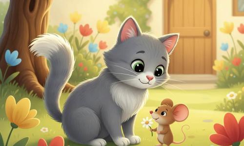 A cheerful gray fluffy cat with bright green eyes and a pink nose sits relaxed, leaning toward a small brown mouse with big round ears and a tiny pink nose holding a daisy; they gaze at each other affectionately in a cozy cottage garden with soft green grass, colorful flowers, a visible-root oak and a blurred wooden cottage door, bathed in warm golden sunlight and pastel tones.