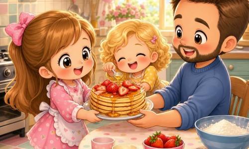 There are three characters: Dad, about 35, round face, short neat beard, bright eyes, sitting in a cozy chair to the right with a tender smile and hands ready to receive the plate; Lily, about 6, long light brown hair with a pink bow, slightly flushed cheeks, standing left by the table holding a plate of stacked pancakes topped with strawberries, looking excitedly at Dad; Mia, about 4, short curly blonde hair, small and joyful, centered in front of the table, leaning over to drizzle honey with a small spoon, eyes laughing. The setting is a warm morning kitchen with golden sunlight through floral curtains, a light wood table, pastel tiled floor, a saucepan on the stove, a bowl of flour and whisk on the counter, colorful little cups and a polka-dot cloth. Main scene: a Father’s Day surprise as the two girls present a large stack of strawberry-and-honey pancakes to their dad, exaggerated adorable expressions, bright soft colors, composition centered on the pancakes, joyful cozy atmosphere.