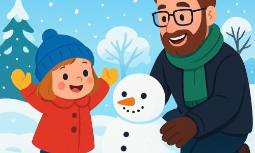 Ein kleines Mädchen von 2 Jahren mit rosigen Wangen und funkelnden Augen baut einen Schneemann. Sie trägt einen leuchtend roten Mantel, eine blaue Wollmütze und gelbe Handschuhe und lächelt voller Staunen. Neben ihr hilft ihr Papa, ein etwa 30-jähriger Mann mit braunem Bart und Brille, indem er eine große Schneeball rollt. Er trägt einen schwarzen Mantel und einen grünen Schal und schaut stolz auf seine Tochter. Der Ort ist ein verschneiter Garten, der Boden ist mit einer dicken Schicht funkelnden Schnees bedeckt, der im Wintersonne glänzt. Im Hintergrund stehen Bäume mit schneebedeckten Ästen, und ein klarer blauer Himmel breitet sich über ihnen aus. Die Hauptsituation zeigt das fröhliche und konzentrierte Mädchen, das die Arme in die Luft hebt, um ihren Schneemann zu zeigen, während ihr Papa lächelt und sie anfeuert. Sanfte Schneeflocken fallen um sie herum und verleihen dieser Winterszene einen magischen Touch.