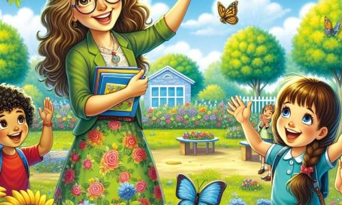 A cena mostra a professora Ana, uma mulher de trinta anos, com longos cabelos castanhos e óculos redondos, sorridente e cheia de energia. Ela está no centro do jardim da escola, cercada por flores coloridas e árvores verdes, enquanto aponta entusiasticamente para um pássaro azul no céu. À sua direita, João, um menino de 8 anos com cabelos cacheados e uma camiseta vermelha, levanta a mão animado para fazer uma pergunta sobre pássaros. À sua esquerda, Maria, uma menina de 7 anos com tranças e um vestido florido, aplaude alegremente enquanto escuta a lição sobre os animais. O jardim da escola é repleto de cores vivas: flores amarelas, árvores verdes e um céu azul brilhante. Borboletas voam ao redor, acrescentando um toque de magia ao ambiente. A situação principal mostra a professora Ana ensinando seus alunos sobre os animais, com crianças cativadas e entusiasmadas, prontas para aprender e compartilhar seus conhecimentos sobre seus animais favoritos.