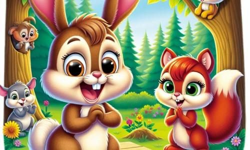 In the center of the image, Benny, a young rabbit with big ears and soft brown fur, stands on a wooden stage, his face lit up with excitement and nervousness. His eyes shine with anticipation as he sings with all his heart, exuding confidence. To his right, Clara, a small squirrel with reddish fur and sparkling eyes, enthusiastically claps, a big smile on her face. She perches on a low branch, her front paws raised in encouragement. To his left, Leo, a fox with golden fur and mischievous eyes, looks on proudly, his expression full of support. He stands on the ground, arms crossed, ready to applaud his friend. In the background, the stage is surrounded by the beautiful Whispering Forest, with majestic trees, vibrant green leaves, colorful flowers dancing in the wind, and curious animals gathered to listen, creating a warm and welcoming atmosphere. The main scene shows Benny, the young rabbit, about to sing in front of all his friends, overcoming his shyness and discovering the joy of sharing his talent with the world.