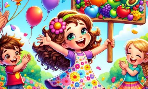 Uma menina de 8 anos, Clara, com cabelos cacheados e olhos brilhantes, sorri alegremente enquanto segura um grande painel colorido com a inscrição "Clube da Saúde". Ela veste um vestido floral e tênis, dançando entusiasticamente no meio de seus amigos. Ao seu lado, um garoto de 7 anos, Lucas, com cabelos loiros bagunçados e uma camiseta vermelha, levanta os braços para o alto, expressando sua empolgação. Outra amiga, uma menina de 8 anos chamada Emma, com cabelos castanhos trançados e uma saia colorida, aplaude com um grande sorriso, mostrando seu apoio a Clara. A cena acontece em um parque ensolarado, cheio de flores vibrantes e árvores verdes. Balões coloridos flutuam no ar, e um grande painel de madeira decorado com desenhos de frutas e vegetais está instalado atrás deles. Clara e seus amigos celebram o lançamento do "Clube da Saúde", compartilhando risadas e energia positiva, comprometendo-se a cuidar da saúde juntos.