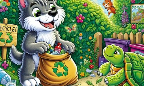 Un pequeño lobo de ojos brillantes y pelaje gris, sonriendo con orgullo, está clasificando basura en un rincón soleado de un seto salvaje. Lleva una pequeña bolsa de tela llena de botellas y papeles de colores, y su expresión muestra gran determinación y alegría. A su lado, una vieja tortuga de caparazón verde y jaspeado, con una mirada sabia y benevolente, lo anima asintiendo con la cabeza, mientras sostiene un pequeño cartel de madera que dice "¡Recicla!". Un poco más lejos, una alegre ardilla de pelaje rojizo, saltando con entusiasmo, recoge hojas para añadir a una pila de compost. El lugar es un seto vibrante de colores, con flores silvestres brillantes, insectos zumbando y rayos de sol filtrándose a través de las ramas. La escena principal muestra al lobo y sus amigos en plena acción, unidos para limpiar y embellecer su entorno, rodeados de basura colorida que poco a poco se convierte en un rincón de clasificación alegre y vivo.
