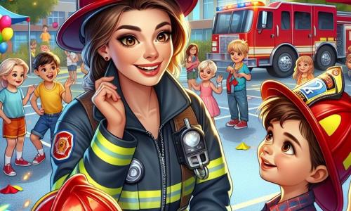 Una vigile del fuoco, Chiara, sorridente e determinata, indossa un'uniforme rossa e blu, con un casco lucido sulla testa. I suoi occhi brillano di entusiasmo mentre si china per parlare a un gruppo di bambini. Tra i bambini, Matteo, un ragazzo di circa 8 anni, con capelli castani e occhi curiosi, indossa un piccolo casco da pompiere troppo grande per lui. Guarda Chiara con ammirazione, tenendo in mano un diploma di "Mini Pompiere". La scena si svolge nel cortile di una scuola primaria, decorato con palloncini colorati e festoni svolazzanti. Ci sono giochi e laboratori intorno, con bambini che ridono e giocano. Chiara spiega con passione il mestiere di pompiere, circondata da bambini affascinati, mentre un camion dei pompieri rosso, lucente al sole, è parcheggiato sullo sfondo, aggiungendo un tocco d'avventura all'atmosfera gioiosa.