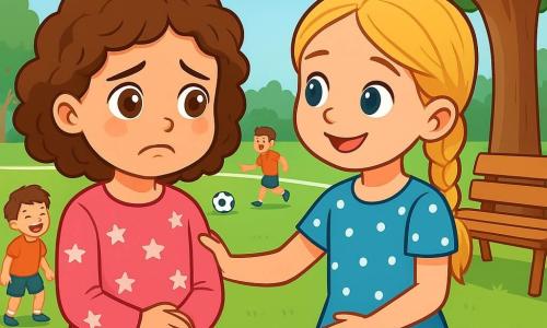 O fetiță de 6 ani, Irina, cu ochi mari căprui strălucitori și păr castaniu creț, stă în centrul imaginii, cu o expresie de tristețe și vulnerabilitate. Poartă o bluză roz cu stele albe și o pereche de blugi, iar mâinile îi sunt strânse pe burtă, ca și cum ar încerca să se protejeze. În dreapta ei, Maria, o altă fetiță de 6 ani, cu părul blond împletit și un zâmbet reconfortant, întinde mâna spre Irina, arătând că este acolo pentru a o susține. Ea poartă o rochie albastră cu buline albe și pare hotărâtă să își apere prietena. În fundal, un teren de fotbal verde se întinde sub un cer albastru deschis, cu linii albe ce marchează terenul. Copiii se joacă în depărtare, dar atenția este pe Irina și Maria, care se află lângă o bancă din lemn, la umbra unui copac cu frunze. Situația principală o arată pe Irina, vizibil tristă și intimidată de bătaia de joc a lui Vlad, un băiat de 6 ani cu părul brun zburlit, care stă deoparte, râzând cu alți copii. Irina se simte singură și vulnerabilă, în timp ce Maria încearcă să îi arate sprijinul său, creând un moment de solidaritate și prietenie în mijlocul tensiunii.