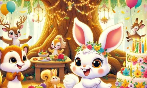 Ilustración que representa un adorable conejito, con un pelaje blanco brillante y grandes orejas. Muestra una expresión de alegría y emoción, saltando con una gran sonrisa, rodeado de decoraciones coloridas para su cumpleaños. A su lado, una pequeña ardilla de pelaje marrón dorado, con una cola esponjosa, que baila de felicidad, con ojos brillantes de alegría. Un joven ciervo, con pelaje marrón claro y grandes ojos tiernos, se encuentra un poco al margen, sonriendo y aplaudiendo con entusiasmo. El lugar principal es el Gran Árbol de los Susurros, un árbol majestuoso con ramas amplias y frondosas, decorado con guirnaldas luminosas y flores multicolores que cantan suavemente. Hojas doradas caen lentamente a su alrededor, creando una atmósfera mágica. La situación principal muestra al conejito celebrando su cumpleaños rodeado de sus amigos, listos para soplar las velas de su hermoso pastel decorado con flores y frutas, mientras mariposas coloridas vuelan a su alrededor, añadiendo a la magia del momento. Otros elementos gráficos incluyen globos flotantes, guirnaldas de hojas, platos de frutas y nueces, y un ambiente alegre lleno de risas y música.