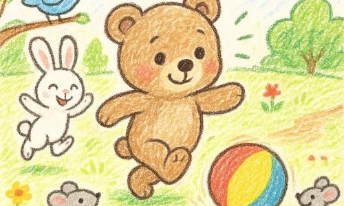 El personaje principal es Bruno, un pequeño osito de peluche marrón claro, alegre y concentrado, que patea una gran pelota multicolor; a su izquierda un conejo blanco de largas orejas salta aplaudiendo, a su derecha tres ratoncitos grises corren para alcanzarla; un pajarito azul en una rama baja observa curioso; están en un claro soleado con césped verde, flores amarillas y rojas, árboles redondeados y un camino de tierra; la escena muestra un juego alegre con energía y movimiento sugeridos por pequeñas líneas de velocidad y risas.