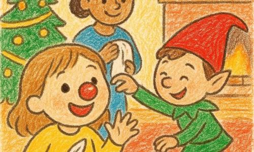 Bambina di 2 anni molto gioiosa, occhi rotondi e capelli castano chiaro, ride tenendo una piccola piuma con una pallina di Natale sul naso; il Burlone Folletto, elfo piccolo dalle guance rosate, berretto rosso a punta, abiti verdi e calze a righe, sorride malizioso sulle punte per posare la pallina; la mamma sui 30 anni con chignon e sorriso tenero asciuga un asciugamano vicino al tavolo e osserva da dietro la bambina; interno caldo di salotto con albero fitto decorato da ghirlande dorate e luci tremolanti, tappeto morbido, pavimento in legno e camino acceso; scena principale: momento giocoso e tenero, la bambina applaude e ride mentre il folletto mette la pallina, luce soffusa, colori caldi, texture da pastello, linee semplici e forme infantili.