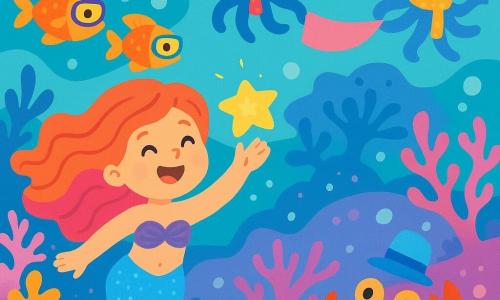 A cheerful, wide‑smiling mermaid girl with sunset hair and a sparkling candy‑blue tail holds up a starry pebble like a glowing badge; a small brave crab boy with a shiny hat laughs and holds it forward on lunar sand at right; a school of playful angelfish children in colorful goggles swim at left pointing to a laughing coral garden; two friendly octopuses with polka‑dot scarves float center‑rear waving fabric banners; floating teacups and smiling spoons bob near a bed of laughing shells; the shallow lagoon is turquoise and pastel violet with sun‑striped sand, flower‑shaped corals, glowing pearl jars and bubbles — everyone cheerfully prepares soft lights for a twilight 