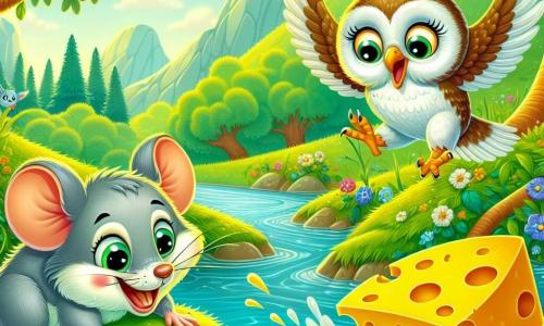 Max, die kleine Maus, ist ein niedlicher Nager mit grauem Fell und funkelnden, schelmischen Augen. Er steht auf einem kleinen, grasbewachsenen Hügel und lacht fröhlich, während er ein großes Stück gelbes Käse beobachtet, das in Richtung eines kleinen Baches rollt. Emma, die gruselige Eule, sitzt auf einem nahegelegenen Baumast. Sie hat weiße und braune Federn, große runde Augen und ruft begeistert, mit leicht ausgebreiteten Flügeln, bereit zu fliegen, um den Käse zu holen. Die Szenerie ist ein charmantes, grünes Waldgebiet, gefüllt mit majestätischen Bäumen, bunten Blumen und einem glitzernden Bach, der durch die Landschaft schlängelt. Die Hauptsituation zeigt Max und Emma in vollem Aktion, lachend und spielend, während der gelbe Käse fröhlich ins Wasser rollt und lustige Spritzer erzeugt.