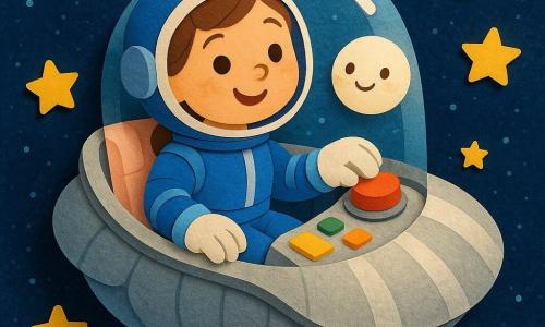A smiling young female astronaut with a round face and bright eyes sits calmly in a small silver shell-shaped ship wearing a blue spacesuit with white stripes and a clear helmet, gently touching a large red button with a gloved hand while looking out the large rounded window at a smiling small white moon nearby and the distant blue-white Earth; yellow star-shaped stickers float around against a textured dark-blue space background with painted galaxy splotches and tiny star dots, the ship has a pale pink cushioned seat and colorful control panels, and the scene is soft, reassuring, bright and simple for toddlers.