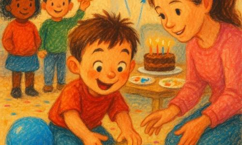 Um menino de 4 anos, alegre e maravilhado, ajoelhado a abrir delicadamente uma pequena caixa dourada brilhante no chão junto a um balão azul; à sua direita, a mãe de cerca de 30 anos, sorridente e ternurenta com rabo de cavalo, ajoelhada com as mãos prontas para ajudar; atrás, ligeiramente à esquerda, dois amigos da mesma idade — uma menina com um chapéu de festa e um menino com um balão vermelho — sorrindo; a sala é um salão claro e colorido com paredes creme, guirlandas multicoloridas, balões vermelhos, azuis e amarelos flutuantes, uma mesa baixa com um bolo de chocolate com velas e pratos de papel com motivos de animais; a cena principal mostra a descoberta de um tesouro numa festa de aniversário, com luz suave, reflexos metálicos na caixa, confetes pelo chão e uma atmosfera de surpresa e partilha.