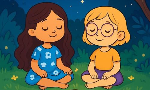 Há 2 personagens principais: Sofia, uma menina de 7 anos com longos cabelos castanhos ondulados, vestindo um vestido azul com flores brancas, sentada de pernas cruzadas, com os olhos fechados e um sorriso sereno; e Lia, uma menina de 6 anos com cabelos loiros curtos e óculos redondos, sentada ao lado de Sofia, com as mãos sobre os joelhos, parecendo calma e relaxada. A cena se passa em um jardim noturno encantador, com grama verde e macia salpicada de pequenas flores luminosas. No centro, um círculo de pedras brilhantes emite luzes coloridas: azul, verde, amarelo e lilás. O céu é de um azul profundo, cheio de estrelas cintilantes, e uma estrela cadente atravessa o céu, adicionando um toque de magia. Sofia e Lia estão sentadas no círculo de pedras, respirando profundamente e se preparando para adormecer tranquilamente, com rostos serenos enquanto uma brisa suave faz as folhas das árvores dançarem, criando uma atmosfera mágica e relaxante.