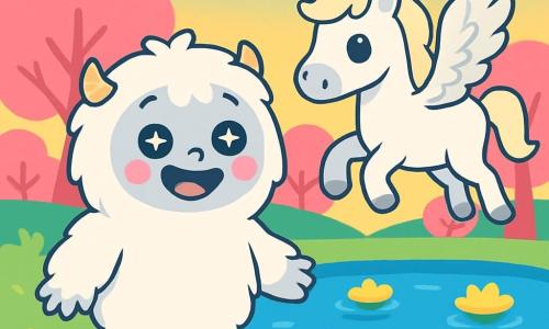 Um yeti chamado Nino, com pelagem branca e macia e olhos brilhantes como estrelas, está alegremente à beira de um lago mágico. Seu sorriso doce e suas bochechas rosadas mostram seu encantamento. Ao seu lado, um cavalo alado chamado Lirio, com um corpo branco brilhante e asas prateadas, voa suavemente, seus olhos brilhando de amizade. O lugar é uma floresta encantada, onde as árvores são cor-de-rosa e flores amarelas flutuam na água de um lago azul brilhante. O céu está salpicado de nuvens suaves, e uma luz dourada ilumina a cena. Nino e Lirio se preparam para explorar juntos o reflexo do lago, onde mundos fantásticos se revelam, cheios de criaturas maravilhosas e cores vibrantes.