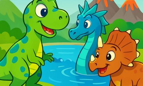 Un Tyrannosaurus Rex pe nume Rocco, cu o piele verde strălucitoare și pete albastre, stă pe marginea unui lac sclipitor. Ochii săi mari și curioși strălucesc de entuziasm în timp ce privește un dragon de apă măreț. Lângă el, un Triceratops pe nume Trixie, cu trei coarne ascuțite și o piele brunie, zâmbește vesel, ochii ei strălucind de entuziasm. Lacul este înconjurat de munți verzi și vulcani fumegând, creând un peisaj atât de frumos, cât și misterios. Rocco și Trixie discută cu Drago, dragonul de apă, care iese măreț din apă, solzii săi strălucitori reflectând soarele. Toți sunt reuniți pentru a planifica cum să-și salveze lumea de vulcanii amenințători.