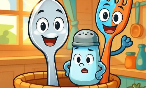 A little silver spoon named Silver shines in the sunlight, with a smiling face and sparkling eyes full of excitement. He stands in a wicker basket, surrounded by his friends, ready for an adventure. Next to him, a colorful fork named Forky has vibrant tines and a wide smile, bouncing with enthusiasm and bright eyes full of impatience. A small salt shaker, with a worried expression, is just behind Silver, hands on hips, looking around with curiosity. The setting is a warm kitchen, with light wood walls, rays of sunlight filtering through a window, illuminating colorful kitchen utensils and juicy fruits on the counter. The main scene shows Silver and his friends, all ready to hop on a cheerful train, with faces full of anticipation, while a gentle breeze makes the curtains dance, adding a touch of magic to their upcoming adventure.