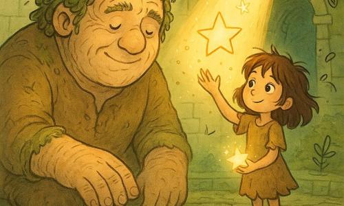 A gentle, kind giant with a round, softly wrinkled face, moss- and vine-covered hair, faded cloth clothes, kneels and smiles slightly, hand large and careful by a pool; a ~9-year-old girl with messy brown hair and sparkling eyes stands on mossy stones in the courtyard, tenderly determined, holding a small glowing star like a cupped treasure toward a shaft of golden light; a luminous marble-sized star emits warm gold-and-white light with sparkling flecks; an olive-green frog with bulging eyes sits on a water lily nearby, watching curiously; the scene is a mossy-walled temple courtyard with a clear round pool, spiral stones engraved with symbols, and a top opening pouring a column of golden light through dust; main action: the girl raises the star back to the sky while the giant watches and clears leaves from the pool, warm colors, wet moss textures, sparkling light, children's-story style, clear composition and expressive characters.