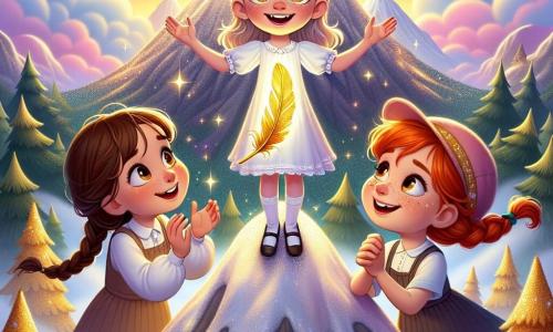 Three little girls, Lily, Mia, and Zoe, stand at the top of a sparkling mountain. Lily, a 7-year-old with blonde hair and sparkling eyes, holds a golden feather in her hands, smiling in wonder. To her right, Mia, a 6-year-old with brown hair in braids, raises her arms in excitement. To the left, Zoe, an 8-year-old with red hair and freckles, looks at the feather with curiosity, her eyes shining with adventure. Their surroundings are a silver mountain bathed in the golden light of the setting sun. Pink and purple clouds float in the sky, while trees with shimmering leaves surround the summit, creating a magical atmosphere. The girls have just discovered that the golden feather belongs to a rainbow bird, and they are ready to return its precious treasure, their faces lit up with joy and anticipation for a new adventure.