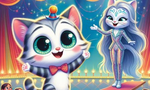 Un pequeño gato gris llamado Tico, con ojos verdes brillantes y un pequeño sombrero de payaso, camina con confianza sobre una cuerda floja, mostrando una gran sonrisa de orgullo y emoción. A su lado, la funámbula Luna, una joven de largos cabellos brillantes como la luna, vestida con un traje brillante, lo anima con una mirada admirativa y una sonrisa cálida, mientras se sostiene en una plataforma cercana. Al fondo, una gran carpa de circo colorida, adornada con luces brillantes y patrones llamativos, está llena de espectadores maravillados que aplauden y ríen, creando una atmósfera alegre y festiva. La escena captura el momento en que Tico, el pequeño gato, supera su miedo y realiza su sueño de actuar en el circo, rodeado de amigos y magia.