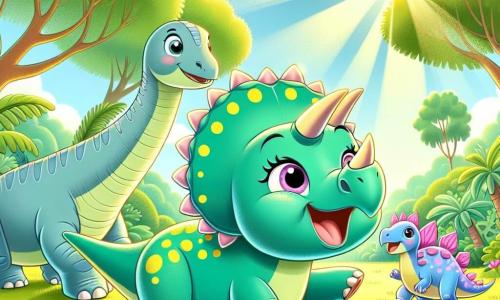 Een blije Triceratops genaamd Trixie, met drie grote hoorns en een groene huid met gele vlekken, speelt in een zonnige open plek. Ze heeft een grote glimlach op haar gezicht, die haar vreugde en enthousiasme uitdrukt. Naast haar staat een grote Brachiosaurus met een lange nek en een blauwachtige huid, die Trixie vriendelijk aankijkt, klaar om haar te helpen deze nieuwe plek te verkennen. Iets verderop komt een Stegosaurus met roze rugplaten en sprankelende ogen dichterbij, enthousiast om zich bij hen te voegen om te spelen. De scène speelt zich af in een prachtige jungle-open plek, omringd door grote bomen met weelderige bladeren en kleurrijke bloemen die de omgeving opvrolijken. De zonnestralen filteren door de takken en creëren dansende schaduwen op de grond. Trixie en haar vrienden hebben samen plezier, rennend en spelend in de open plek, terwijl ze hun nieuwe vriendschap en de schoonheid van hun omgeving vieren.