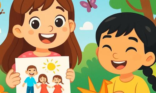 Una niña de 6 años, Clara, con largos cabellos castaños y ojos brillantes de curiosidad, sonríe alegremente mientras sostiene un dibujo colorido de su familia. Lleva un vestido rosa con lunares blancos y está en un jardín soleado, rodeada de flores brillantes y mariposas revoloteando. A su lado está Mei, una niña de 6 años de origen asiático, con cabello negro liso y una pequeña trenza. Ella está plegando un trozo de papel para crear una grulla de origami, su rostro iluminado por una sonrisa orgullosa. El jardín está lleno de colores vivos, con árboles verdes exuberantes y un cielo azul claro salpicado de nubes blancas esponjosas. La escena muestra a Clara y Mei jugando juntas, descubriendo la belleza de sus diferencias mientras ríen y comparten momentos de felicidad bajo el sol.