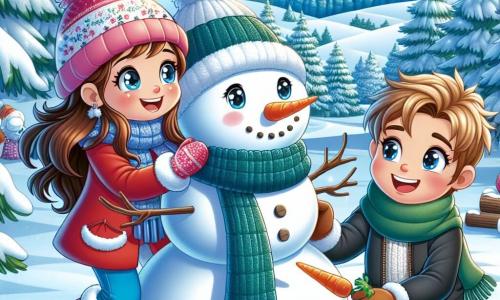 Una ragazza di 9 anni, Sofia, con lunghi capelli castani e guance rosa, sorride felicemente mentre costruisce un grande pupazzo di neve in una radura innevata. Indossa un cappotto rosso vivo, guanti di lana blu e un berretto con pompon, e i suoi occhi brillano di eccitazione. Accanto a lei, il suo amico Luca, un ragazzo di 10 anni con capelli biondi disordinati e un sorriso malizioso, tiene una carota che sta per mettere come naso sul pupazzo di neve. Indossa una sciarpa verde e un cappotto nero, e ride guardando Sofia. Il paesaggio è una foresta invernale, con alberi maestosi coperti di neve scintillante, un cielo blu chiaro e alcuni fiocchi di neve che cadono dolcemente. In lontananza, colline bianche si estendono a perdita d'occhio, creando un'atmosfera magica e pacifica. Sofia e Luca si divertono insieme a creare il loro pupazzo di neve, ridendo e scambiando idee su come decorarlo, mentre il sole splende dolcemente tra i rami degli alberi, illuminando la scena con una luce dorata.