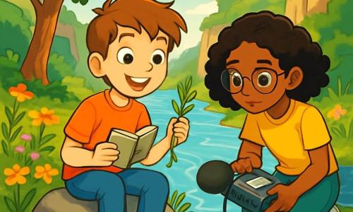 A young boy named Finn, with chestnut hair and sparkling curious eyes, is sitting on a rock by a river, a look of wonder on his face. He holds a small notebook in one hand and a sample of seaweed in the other, closely observing the clear water shimmering in the sunlight. Next to him, Asha, a girl with curly black hair, around 12 years old, is focused on a sound recorder, her glasses sliding slightly down her nose. The setting is a green valley surrounded by stone cliffs, where the river flows peacefully, lined with colorful wildflowers and tall trees with lush leaves. Sunlight filters through the branches, creating bright patterns on the water. The main scene shows Finn and Asha exploring the river's source, captivated by the gentle murmur of the singing water as they discover nature's secrets and embark on a promising adventure.