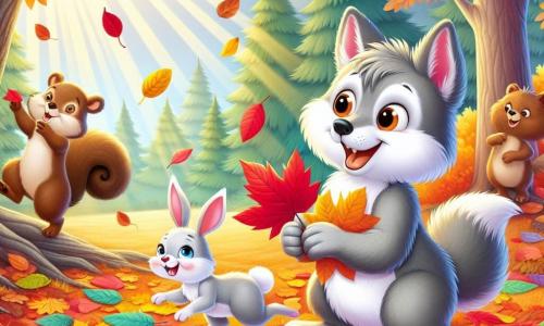 A happy little wolf with gray fur and sparkling eyes sits in a colorful leaf carpet, holding a large red leaf in its front paws and wearing a wide smile. Next to him, a mischievous squirrel with brown fur and a bushy tail climbs a branch, its eyes shining with curiosity as it looks at the wolf. A white rabbit with big ears and an enthusiastic expression joyfully hops near the wolf, ready to help gather leaves. In the background, a gentle and friendly brown bear stands by a tree with golden leaves, watching the scene with a warm smile. The setting is an enchanted autumn forest, with majestic trees in vibrant colors, sunlight filtering through the branches, and a soft breeze making the leaves dance. The main scene shows the little wolf and its friends collecting leaves to create a large colorful collage, filled with excitement and joy, enjoying the beauty of autumn together.