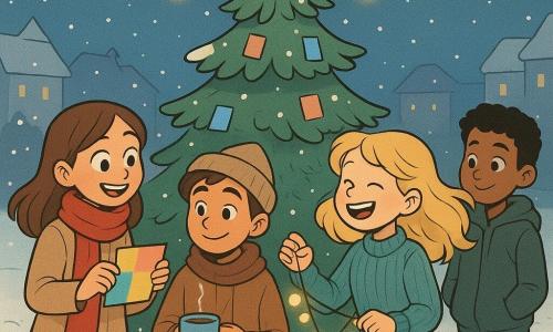 Lucía, una niña de 12 años, lleva una bufanda roja y botas azules, con ojos brillantes de alegría. Sostiene un papel colorido en sus manos, lista para colgarlo en un gran árbol de Navidad. A su lado, Tomás, un niño de 12 años con un gorro ladeado, sonríe sosteniendo una taza de chocolate caliente. Sara, una niña de 12 años, se ríe a carcajadas, su cabello rubio flotando al viento, sosteniendo una guirnalda luminosa. Samir, un niño de 12 años, se mantiene un poco atrás, observando con una sonrisa tímida, sus ojos brillando de curiosidad. El escenario es una plaza nevada, iluminada por guirnaldas centelleantes, con un gran árbol de Navidad en el centro, sus ramas cubiertas de nieve y pequeños papeles coloridos colgados. La escena principal muestra a los niños reunidos alrededor del árbol, compartiendo historias y risas, creando una atmósfera cálida y festiva bajo un cielo estrellado.