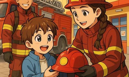 Un niño de 8 años, sonriente y asombrado, con pelo castaño corto, sostiene un casco de bombero infantil y lo mira con admiración; junto a él una bombera adulta, de rostro decidido y cálido, trenzas castañas y uniforme rojo oscuro con bandas reflectantes, le pone una mano tranquilizadora en el hombro; un bombero adulto, de piel tostada y sonrisa amable, está ligeramente atrás junto a un brillante camión de bomberos rojo con escalera y manguera; escenario frente a una estación de bomberos colorida y limpia con suelo en losas, bandera de la ciudad y carteles escolares en la pared; ambiente instruccional y alegre al atardecer, colores cálidos y expresiones acogedoras, centrado en el encuentro que muestra que una mujer también puede ser bombera.