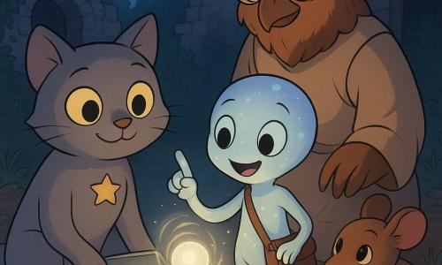 Milo, un gato gris de ojos redondos color moneda con expresión dulce y orgullosa y un pequeño distintivo estrellado en el pecho, sostiene la pata junto a una pequeña caja metálica abierta; Liri, un extraterrestre perlado de piel nacarada con tres brazos finos y una mini-bolsa acordeón, sonríe asombrado y señala con un dedo luminoso hacia una esfera brillante en la caja; la profesora Cernícalo, un halcón de plumaje marrón y gafas redondas, está detrás de Milo observando con calma y benevolencia; Pipo, una pequeña rata marrón de ojos vivos, agazapado junto a la caja listo para ayudar con finas cuerdas; en un viejo patio de molino de noche con suelo de tierra, hierbas y ruinas de piedra bajo una luna clara, la esfera blanca y translúcida llamada 