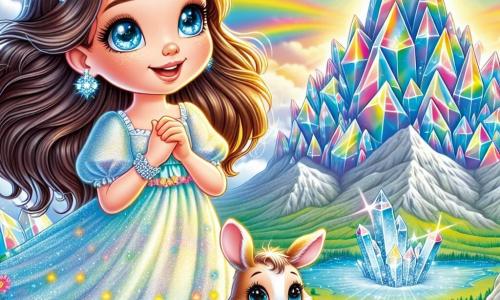 Una niña de 10 años, llamada Luna, se encuentra en la cima de una montaña de cristal brillante. Tiene largos cabellos castaños que flotan al viento, ojos llenos de curiosidad y una sonrisa radiante. Lleva un vestido ligero con motivos de flores coloridas y sostiene un pequeño cofre dorado en sus manos. A su lado, un pequeño conejo llamado Baltasar, vestido con una chaqueta de terciopelo rojo y un pequeño sombrero, la mira con admiración. El escenario es una montaña majestuosa de cristal brillante bajo el sol, con reflejos de arcoíris. Al fondo, un cielo azul claro con nubes blancas y un lago turquesa brillante rodeado de flores doradas. Luna y Baltasar descubren el corazón del Valle de los Sueños, donde la magia y el asombro se entrelazan, listos para explorar los misterios que les esperan.