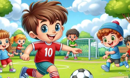 Un ragazzo di nome Marco, di circa 10 anni, è al centro dell'immagine. Ha i capelli castani disordinati, un sorriso splendente e indossa una maglietta rossa con il numero 10. Marco sta dribblando un pallone da calcio sul campo, con gli occhi pieni di gioia e determinazione. Intorno a lui, diversi bambini giocano. Una ragazza dai capelli ricci, di 9 anni, sta tentando un tiro in porta, con un'espressione concentrata e entusiasta. Un ragazzo con un cappello blu, di 8 anni, sta passando la palla a un altro bambino, ridendo di felicità. Il luogo è un parco verde, con un cielo azzurro chiaro e alcune nuvole bianche. Il campo è circondato da alberi maestosi e fiori colorati. Si possono vedere panchine di legno dove altri bambini e genitori guardano la partita sorridendo. La scena principale mostra Marco e i suoi amici in una partita di calcio, tutti divertendosi e condividendo risate, illustrando lo spirito di squadra e la gioia di giocare insieme.