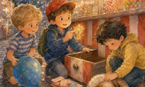 Ci sono tre bambini: Tommaso, 6 anni, capelli castani corti con cappellino rosso e piccolo zaino verde, è al centro inginocchiato vicino al cassetto aperto mostrando con un dito una chiave brillante; a sinistra Luca, 6 anni, capelli biondi spettinati, maglietta a righe blu e bianca, sorride guardando la chiave tenendo un palloncino azzurro leggermente sgonfio; a destra Pietro, 6 anni, capelli neri ricci, giacca giallo pallido, si china a carezzare un cagnolino addormentato ai loro piedi. Ambientazione: una bancarella di festa in legno dipinta di rosso e bianco con ghirlande luminose, barattoli di dolci, pacchi di biglietti e una scatola di metallo un po' arrugginita vicino al cassetto; pavimento lastricato leggermente fangoso con piccole impronte di bimbo. Situazione: i tre piccoli investigatori hanno appena aperto il cassetto del venditore e trovato la chiave del registro, sui loro volti si legge sollievo e curiosità; luce serale morbida e colori caldi della festa, la chiave riflette i lampioni.