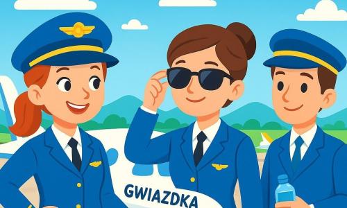 Młoda pilotka, Zosia, uśmiechnięta kobieta w wieku około 30 lat, nosi jasnoniebieski mundur z czapką ozdobioną złotym znakiem. Jej oczy błyszczą radością i ekscytacją, gdy stoi przed swoim samolotem, Gwiazdka, z determinacją na twarzy. Obok niej Ania, inna pilotka, 28-letnia kobieta z brązowymi włosami związanymi w kok, poprawia okulary przeciwsłoneczne i uśmiecha się, gotowa do startu. Młody chłopak, Kuba, 25-letni steward, podchodzi z butelką wody, z nieśmiałym i podziwiającym uśmiechem. Tło to słoneczne lotnisko, z białymi i kolorowymi samolotami ustawionymi na płycie, puchate chmury unoszą się na błękitnym niebie. W oddali widać zielone góry, które dodają magii scenie. Główna sytuacja pokazuje Zosię i Anię przygotowujące się do lotu, sprawdzające instrumenty samolotu i wymieniające porozumiewawcze uśmiechy, podczas gdy Kuba, nieco nerwowy, ale podekscytowany, obserwuje je, gotowy na swoją pierwszą przygodę jako członek załogi.