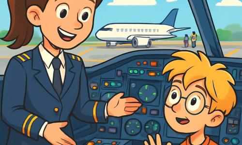 Eine Pilotin namens Lara steht mit einem breiten Lächeln in einer marineblauen Uniform mit goldenen Schulterklappen. Ihre braunen Haare sind zu einem ordentlichen Pferdeschwanz gebunden, und ihre Augen strahlen vor Aufregung. Sie steht vor einem Cockpit und zeigt den Kindern die Steuerungen. Neben ihr steht ein 10-jähriger Junge namens Ben mit runden Brillen und zerzausten blonden Haaren, der neugierig die Hand hebt und aufmerksam zuhört. Er steht etwas zurückgezogen auf der Plattform, aber sehr konzentriert auf Laras Erklärungen. Das Cockpit ist mit bunten Knöpfen, leuchtenden Bildschirmen und einem großen Fenster ausgestattet, das einen blauen Himmel mit weißen Wolken zeigt. Im Hintergrund sind parkende Flugzeuge und Techniker zu sehen, die arbeiten. Lara erklärt begeistert, wie man ein Flugzeug steuert, während die faszinierten Kinder mit weit aufgerissenen Augen jedes Detail beobachten, bereit für einen unvergesslichen Moment.
