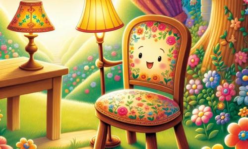 Un personaggio principale, una piccola sedia di legno con un bel cuscino colorato, si erge orgogliosamente al centro di un giardino fiorito, mostrando un'espressione di determinazione e gioia. Le sue quattro gambe robuste sono ben salde nel terreno, e il suo cuscino è decorato con motivi floreali vivaci. Accanto a lei, un personaggio secondario, un grande tavolo di legno, con una superficie liscia e bordi arrotondati, sorride calorosamente mentre racconta una storia affascinante. È leggermente inclinato verso Sedia, incoraggiandola con occhi scintillanti di entusiasmo. Un altro personaggio secondario, una lampada dallo stile vintage, illumina la scena con una luce morbida e calda, posizionata in un angolo del giardino, i suoi paralumi colorati illuminano i fiori con tenerezza. Mostra un'espressione benevola, sostenendo Sedia nella sua avventura. Il luogo è un giardino incantevole, pieno di fiori multicolori, grandi alberi danzanti e un cielo blu splendente. Farfalle volteggiano attorno ai fiori, aggiungendo un tocco di magia all'atmosfera. La situazione principale mostra Sedia, circondata dai suoi amici, mentre prepara una magnifica decorazione floreale per una grande festa, dimostrando che anche una piccola sedia può realizzare cose straordinarie unendo le forze con i suoi amici.
