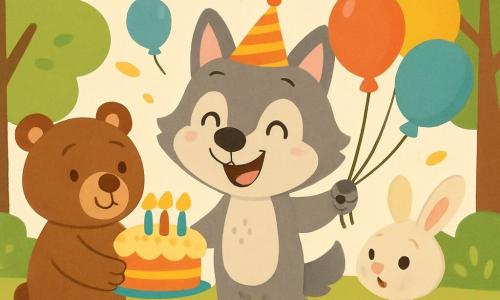 Un lobo lindo y alegre, con pelaje gris y ojos brillantes, está en el centro de la escena, sonriendo ampliamente mientras sostiene globos de colores y lleva un pequeño sombrero de fiesta de papel. A su derecha, un adorable conejito blanco con grandes orejas, con una expresión curiosa, mira al lobo mientras salta sobre sus patas traseras. A la izquierda, un oso marrón, robusto y amigable, sonríe sosteniendo un gran pastel decorado con velas, listo para compartir. La escena tiene lugar en un claro soleado, rodeado de árboles verdes y flores coloridas, con rayos de sol filtrándose entre las hojas, creando un ambiente alegre y festivo. El lobo y sus amigos celebran un cumpleaños, rodeados de globos flotantes y guirnaldas, listos para cantar y disfrutar del pastel juntos.