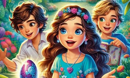 Una niña de 11 años, llamada Sofía, está en el centro de la imagen, con largos cabellos castaños ondulados y ojos llenos de curiosidad. Lleva un vestido azul brillante con motivos florales y sostiene un huevo de Pascua morado en sus manos, con el rostro iluminado por la emoción. A su lado, Lucas, un niño de 12 años con cabello castaño revuelto y una sonrisa traviesa, señala una dirección con entusiasmo, mientras que Valeria, una niña de 11 años con trenzas rubias, mira a su alrededor con curiosidad, sosteniendo un pequeño cuaderno. El escenario es un jardín secreto lleno de flores coloridas y plantas exóticas, con una fuente brillante en el centro, donde los rayos de sol se filtran a través de las hojas, creando una atmósfera mágica. La escena muestra a Sofía descubriendo un huevo misterioso, rodeada de sus amigos, mientras se embarcan en una aventura llena de magia y sorpresas para encontrar flores encantadas.